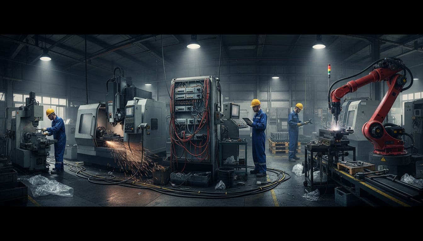 Busy manufacturing shop floor with CNC machines, PLC panels, industrial robots in operation, and 3-4 operators at workstations amid cables, tools, and high activity. Wide cinematic landscape composition with dramatic overhead lighting, strong contrasts, shadows, and industrial grit.