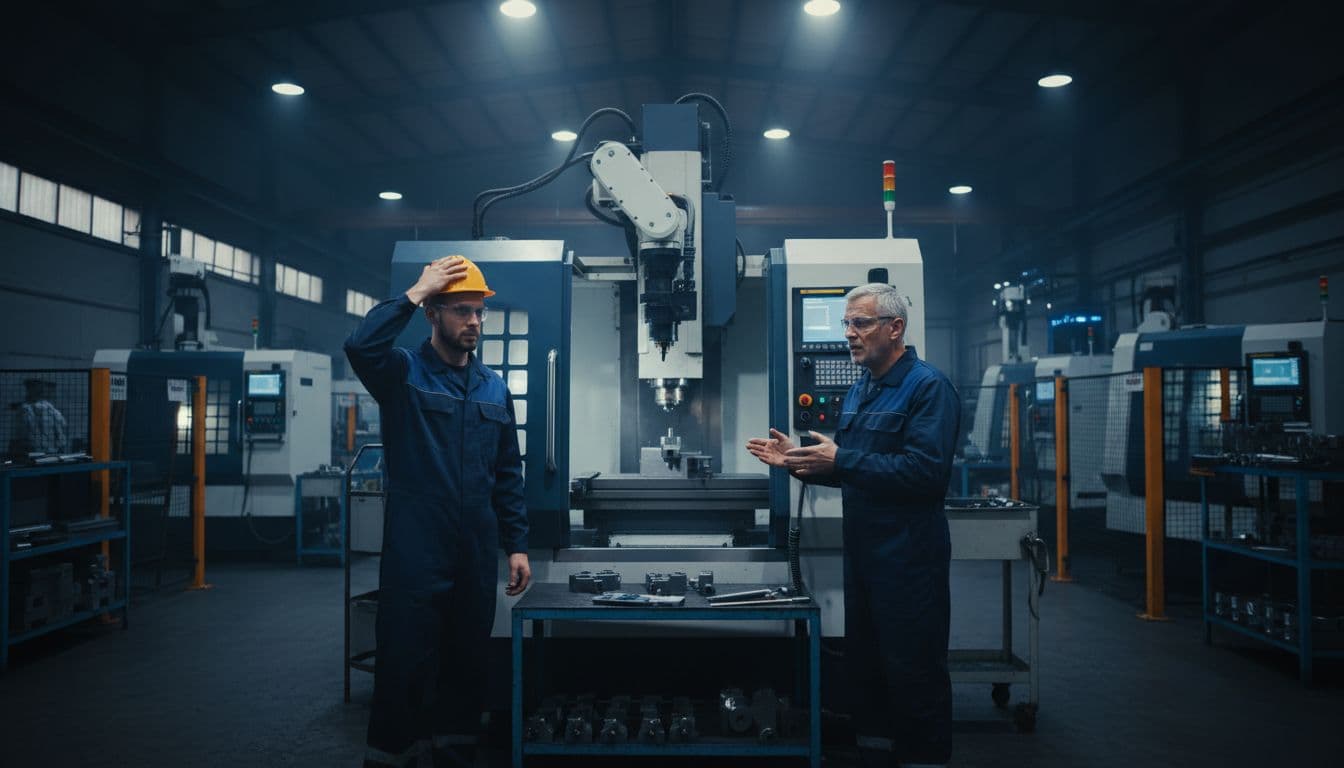 A busy manufacturing shop floor with CNC machines where one suddenly stops mid-operation, causing two concerned workers to pause amid dramatic lighting and strong contrasts.
