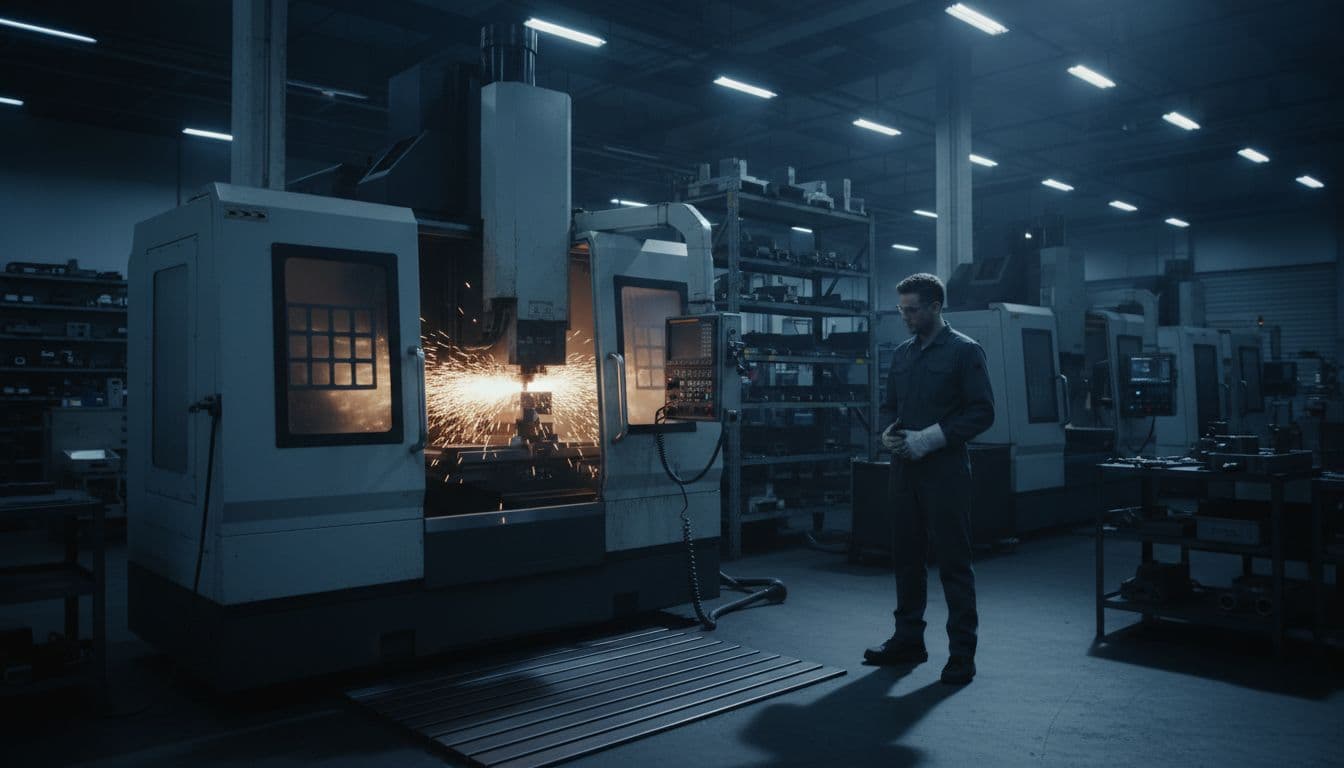 Busy manufacturing shop floor with a large CNC machine cutting metal parts, one operator monitoring the control panel amid flying sparks in an industrial setting.