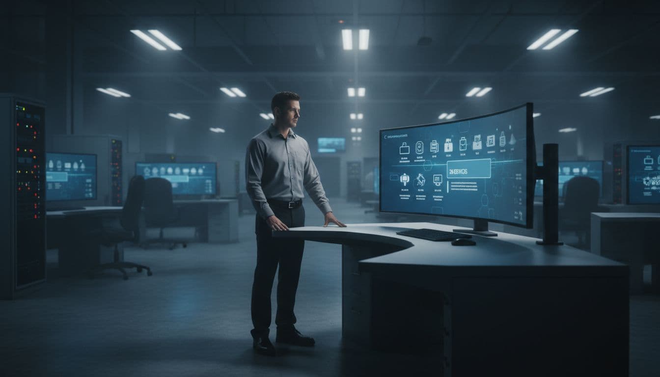 A lone engineer stands at a workstation in a busy manufacturing plant control room at Flat Rock facility, viewing a large monitor displaying a filtered asset inventory search for end-of-life devices with icons and counts. Cinematic style features strong contrast, depth, and dramatic lighting from overhead industrial fluorescents casting long shadows.