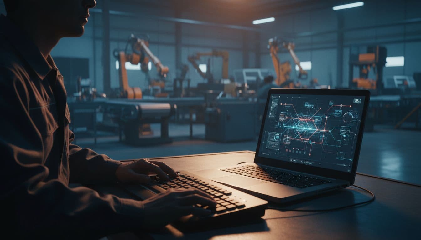 A lone engineer sits relaxed at a workstation in a factory control room, screen displaying an abstract project diagram, with blurred production machinery in the background and dramatic cinematic lighting casting long shadows.