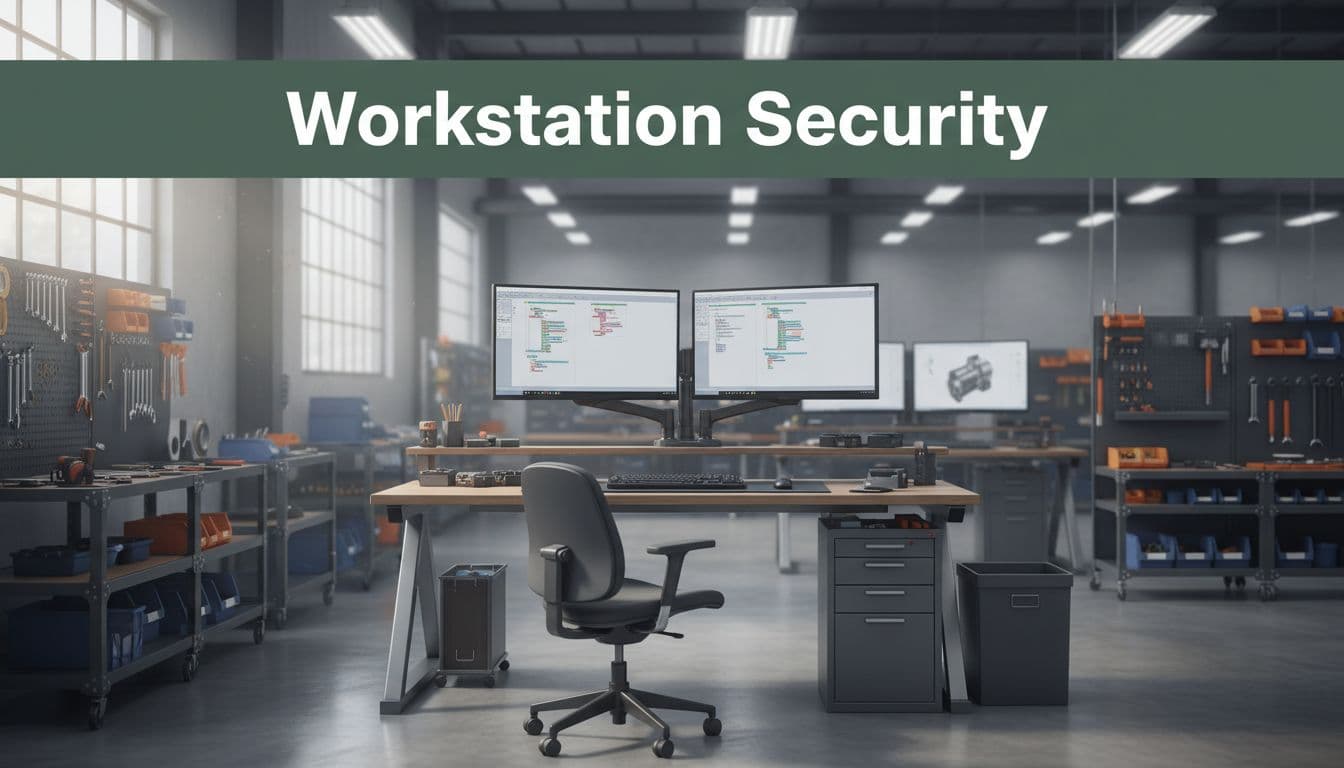 Engineering workstation on a shop floor desk with PLC programming software on dual monitors, keyboard, mouse, and subtle CAD model in background, in a clean industrial setting with tool racks. Bold 'Workstation Security' headline on a dark-green band at the top, realistic photo style with natural lighting.