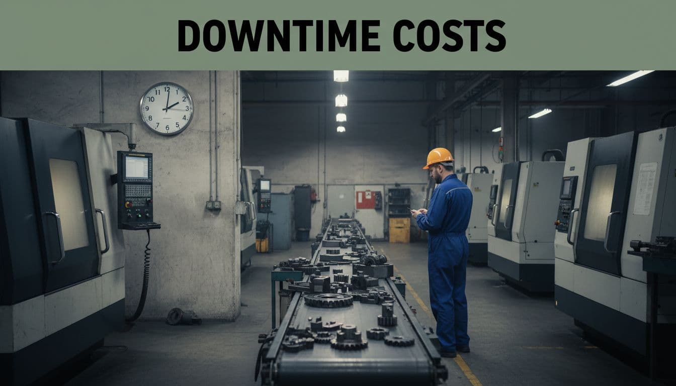 Empty production line in a dimly lit manufacturing plant after shift end, featuring stopped CNC machines, idle conveyor belt, scattered unfinished parts, and a frustrated supervisor checking his phone with clock showing late hour, emphasizing halted operations and time loss.