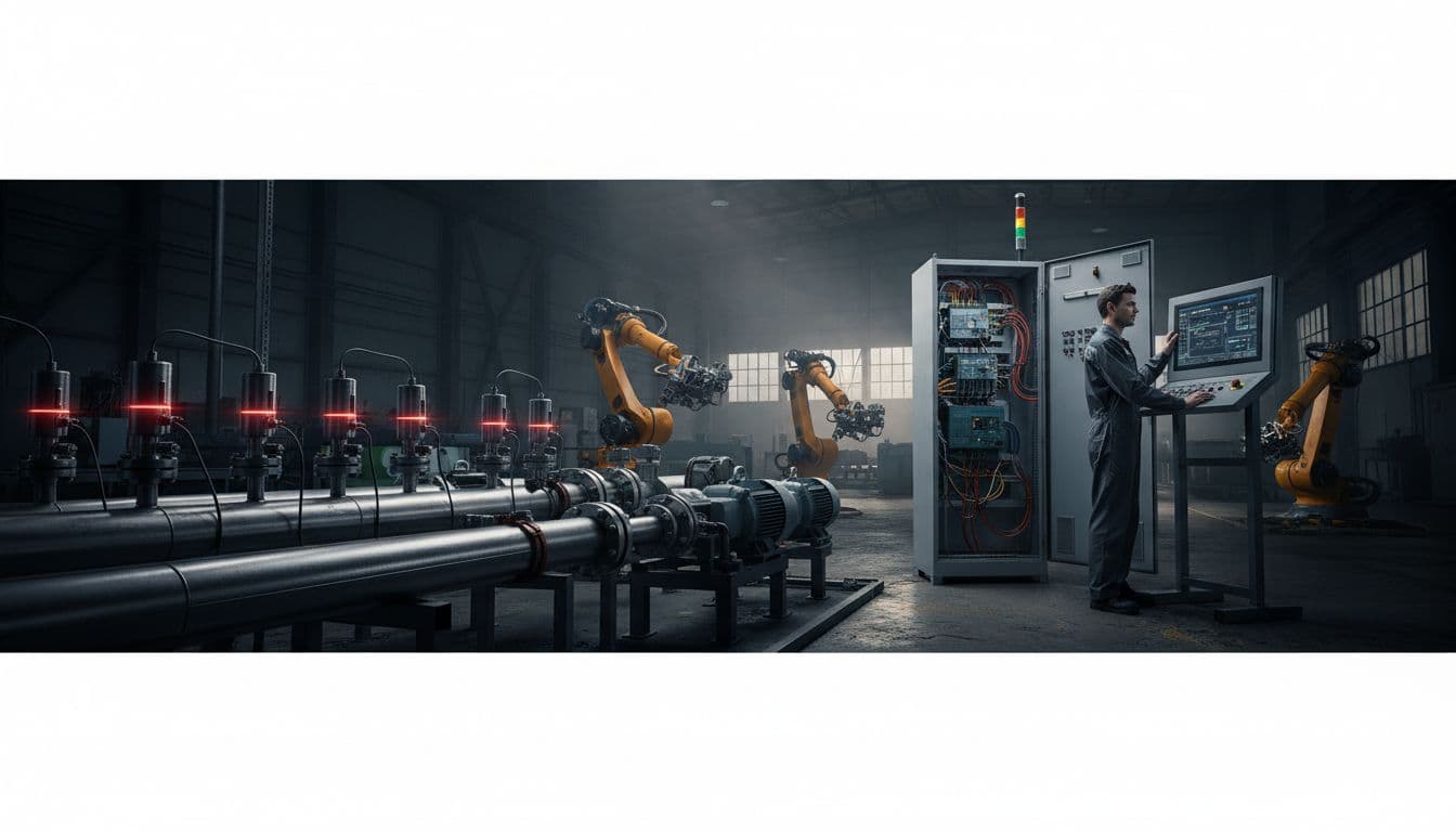 Shop floor in a manufacturing plant showing sensors on pipes measuring temperature, actuators like pumps and robotic arms manipulating parts, PLC control cabinet with wires connected, and one operator standing nearby at an HMI panel with relaxed hands.