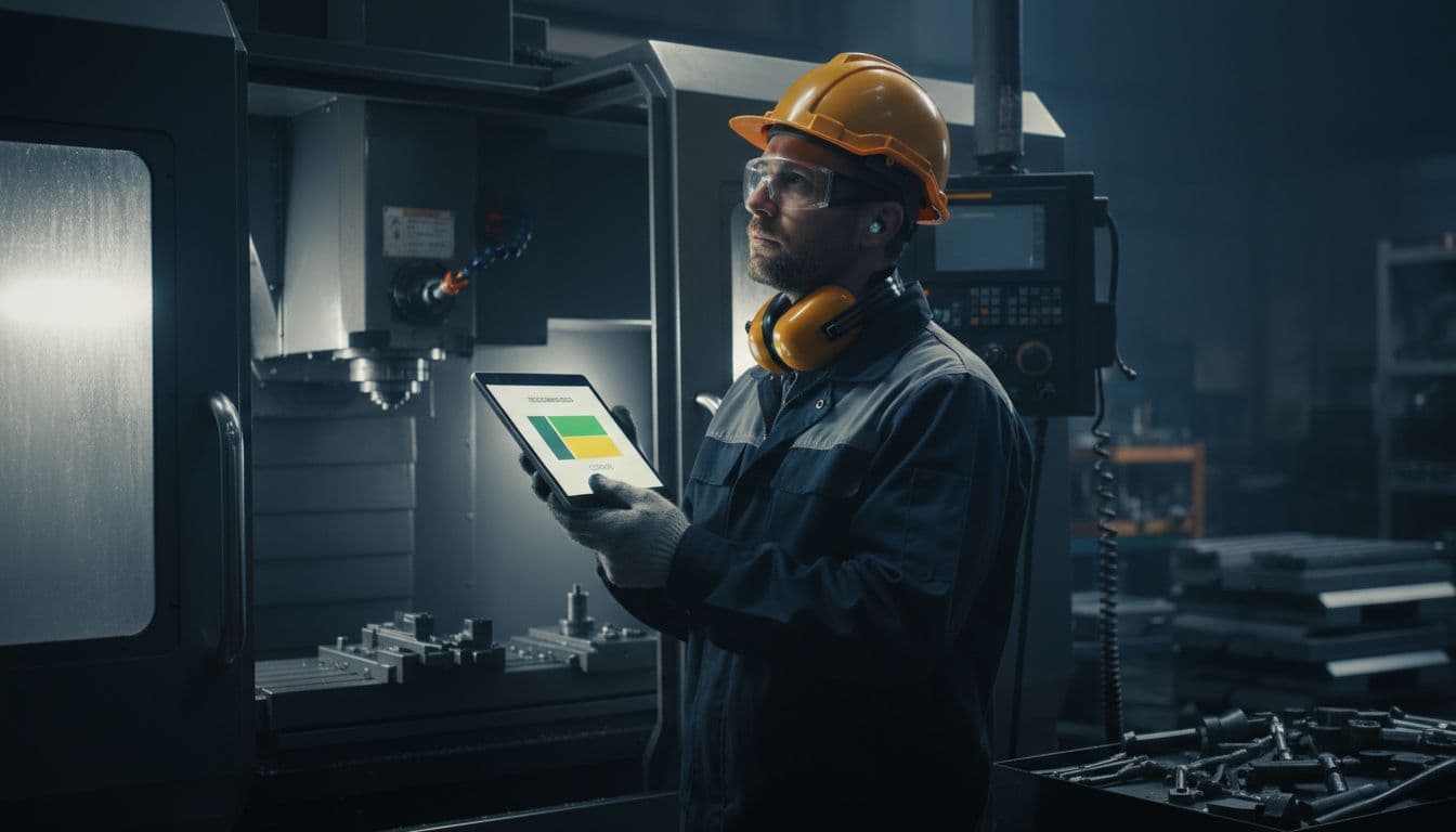 Factory operator in safety gear stands next to a CNC machine, holding a tablet displaying a simple advisory chart created from using ai and manufacturing advisory, in a relaxed thoughtful pose on an industrial shop floor.