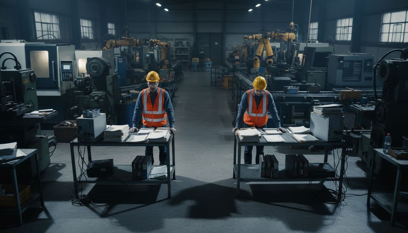 Busy manufacturing shop floor with operators in safety gear checking paper logs at workbenches near aging CNC machines and newer equipment, showing frustration and cluttered disconnected desks.