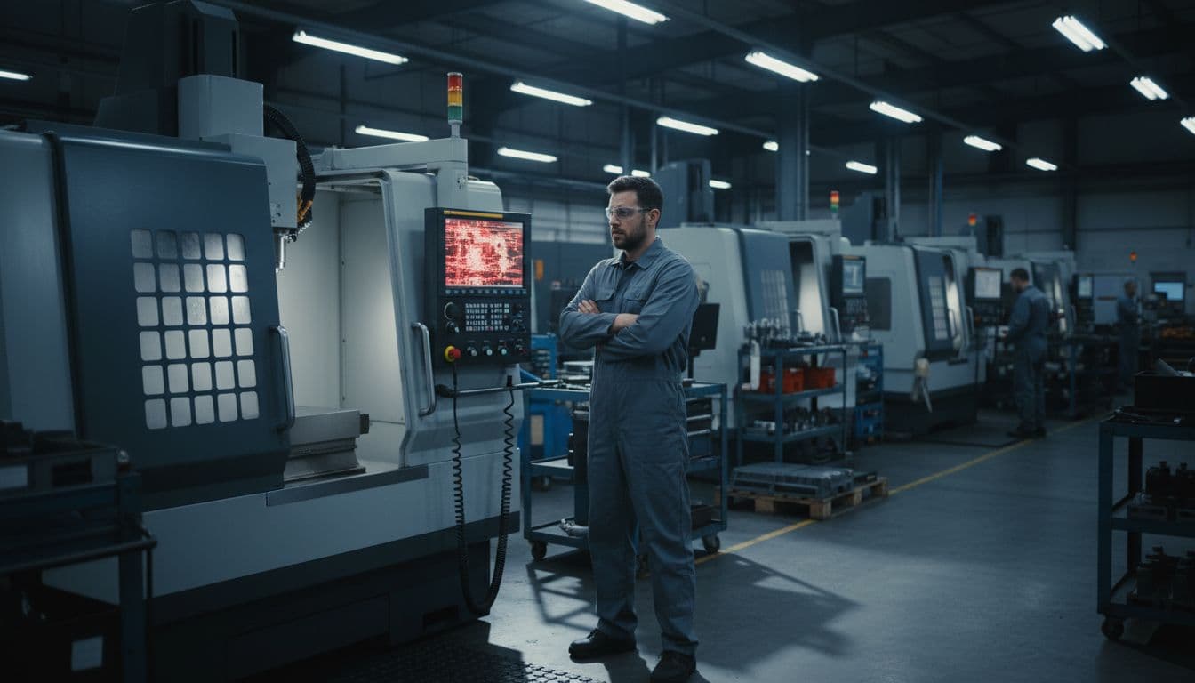 Busy industrial CNC machine shop floor during shift change, featuring a modern CNC milling machine in the foreground with a frozen error message on its control screen, and exactly one concerned operator standing nearby with arms crossed amid soft-focused background machines. This is why antivirus for cnc machine shops needs to be handled differently.