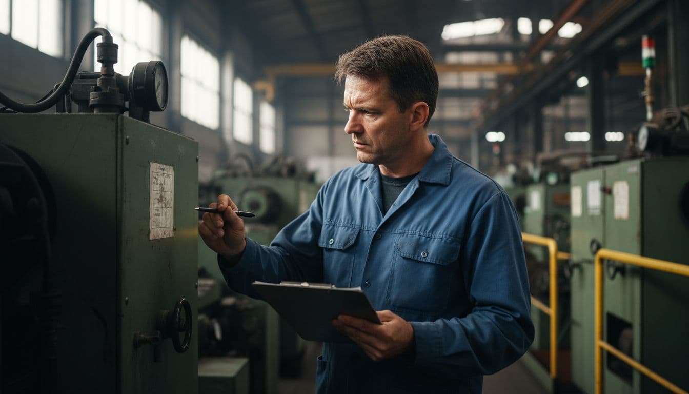 A single plant supervisor in a work shirt holds a clipboard and pen, checking a label on an industrial machine in a factory aisle with a frustrated expression and slight sweat. Medium shot with blurred background machines, cinematic style featuring strong contrast and dramatic side lighting.