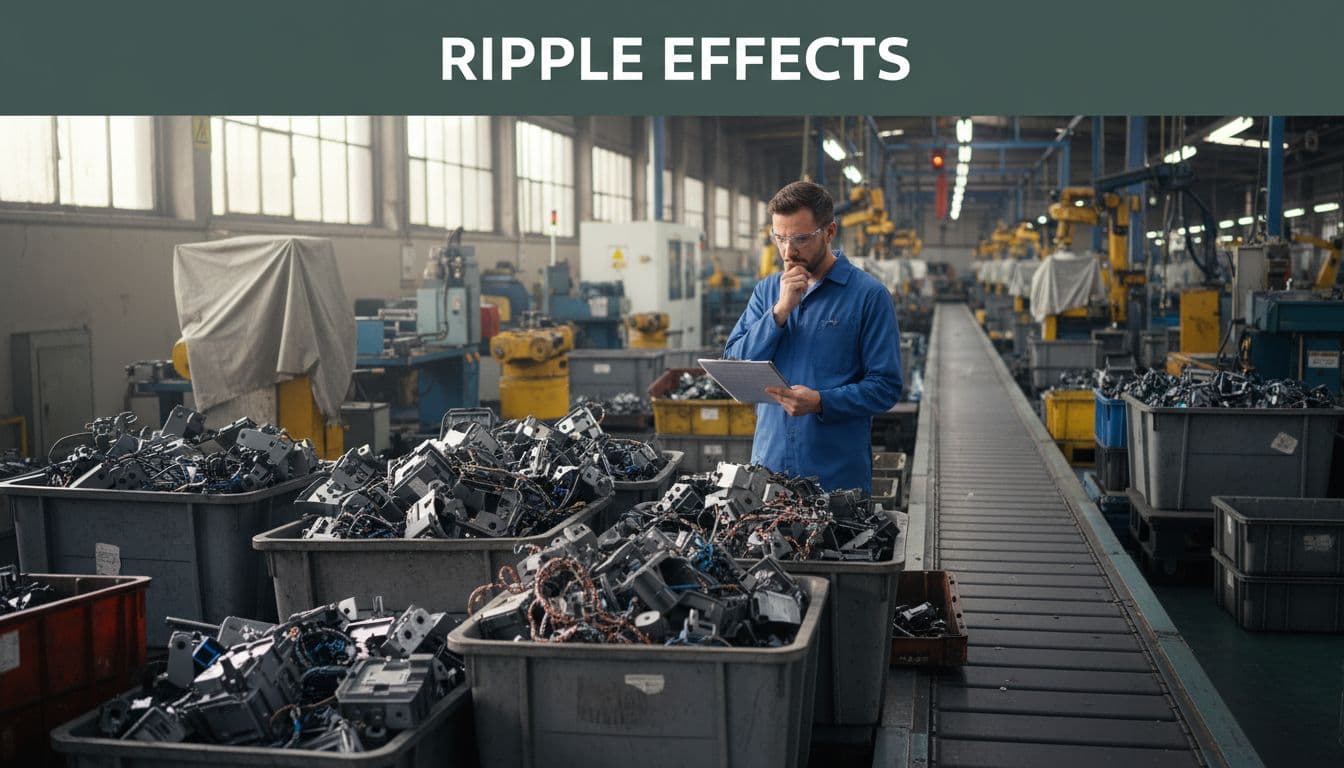 Work-in-progress parts pile up beside a halted assembly line in a manufacturing plant, featuring overflowing bins and a concerned supervisor holding a clipboard under natural daylight and machine lights.