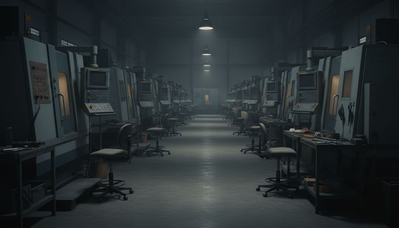 Row of idle CNC machines and PLC equipment on a dimly lit shop floor with empty stations and untouched tools, emphasizing production halt.