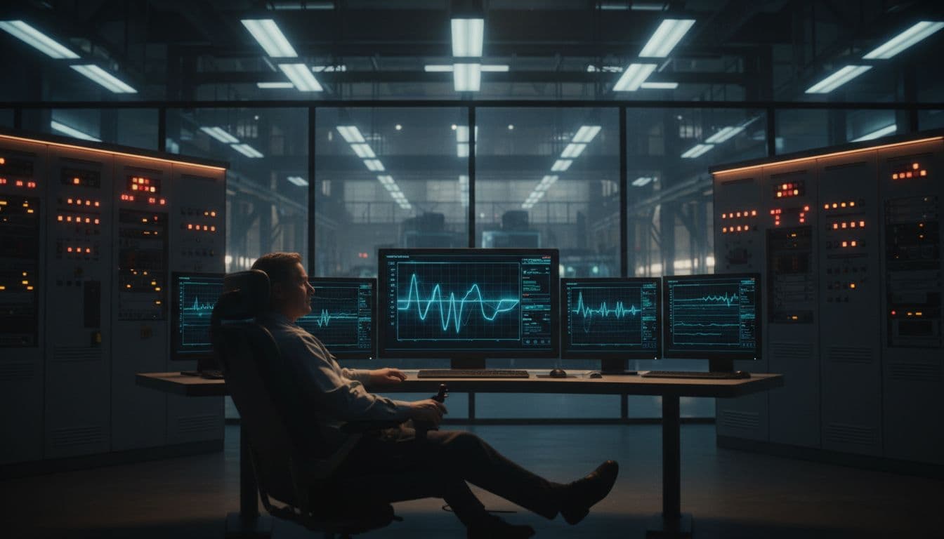 A single operator in a relaxed pose monitors an abstract power dashboard on a computer in an industrial control room, with softly glowing alarm lights and factory floor visible through glass, in cinematic style with dramatic lighting.