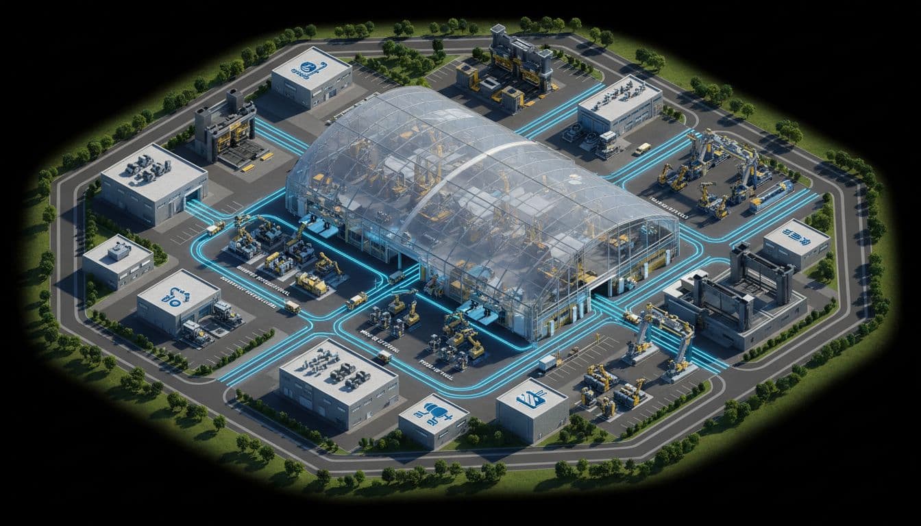 Isometric view of a manufacturing plant layout structured per ISA-95, featuring body-in-white hall with bumper production cells, hood doors, frame stations, and material flow connections in cinematic style with dramatic lighting.