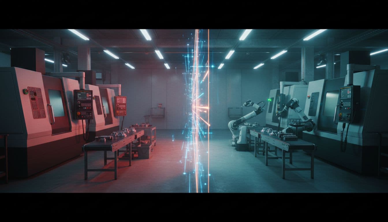 A manufacturing shop floor divided into two work cells: the left with CNC machines and PLCs halted by a red alert, the right operating smoothly, separated by a glowing network firewall barrier.