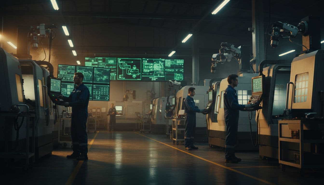 Smooth-running manufacturing shop floor at night with CNC machines operating steadily under integrated IT monitoring screens showing green status and three efficient operators. Cinematic style highlights harmonious production-IT integration preventing downtime.