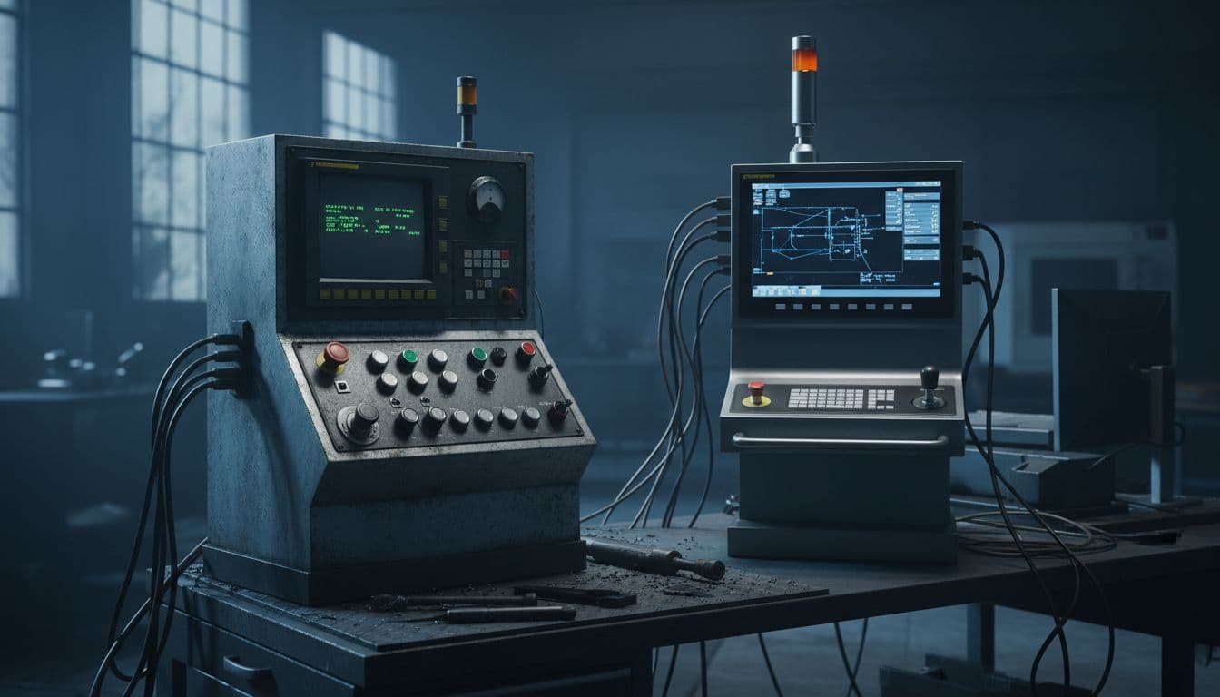 Patchwork shop floor setup showing an older CNC lathe controller panel beside a newer connected CNC mill, with dim workshop lighting emphasizing age and design differences in a cinematic style.