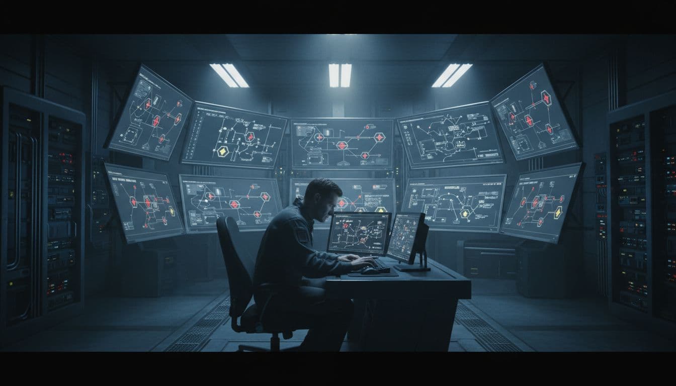Factory control room with large monitors displaying simplified OT network maps and alert icons for vulnerabilities, one operator seated at console reviewing data in an industrial setting with cinematic lighting.