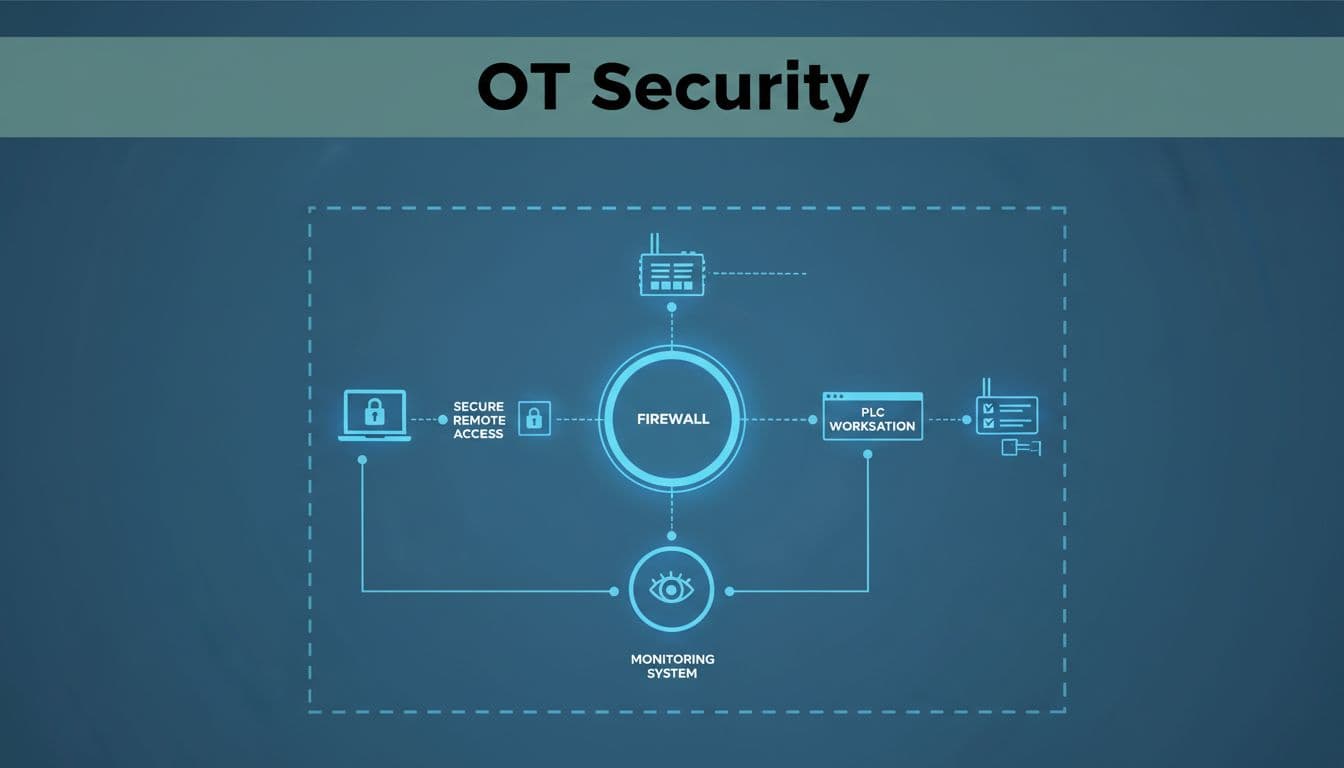 Schematic illustration of OT cybersecurity architecture featuring a segmented network, secure remote laptop access to PLC workstation, firewall and monitoring icons, with bold 'OT Security' headline on a dark-green band.