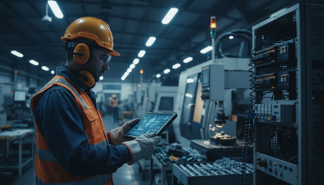 A plant manager in safety gear views a tablet dashboard next to PLCs and CNC machines on an active factory floor, depicting real-time oversight of remote vendor sessions without disrupting production.