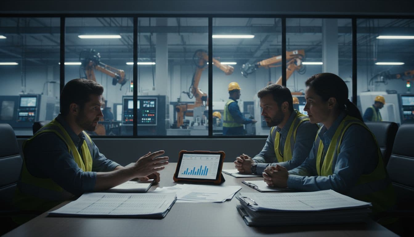 Three plant supervisors in a factory conference room gathered around a table, discussing OT vulnerability management, examining printed logs and a tablet displaying machine data, with one pointing to a chart in engaged discussion; shop floor visible through the background window.