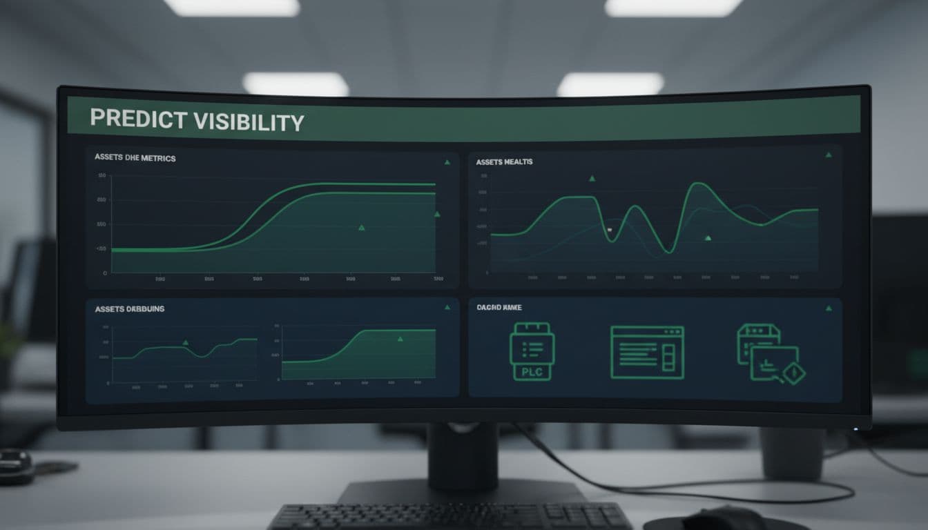 Predictive maintenance dashboard on engineering workstation showing subtle asset health metrics for PLC and CAD tools with graphs and alerts. Bold 'Predict Visibility' headline in geometric sans-serif on muted dark-green top band, realistic render in office light, no people or readable data.