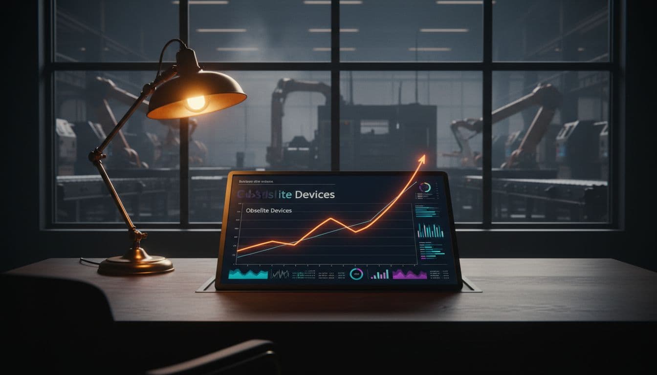 Dynamic upward-curving line graph on a report dashboard in a factory office, depicting increasing obsolete devices over time at Flat Rock facility, with production floor and machinery visible through window under warm desk lamp lighting in cinematic style.