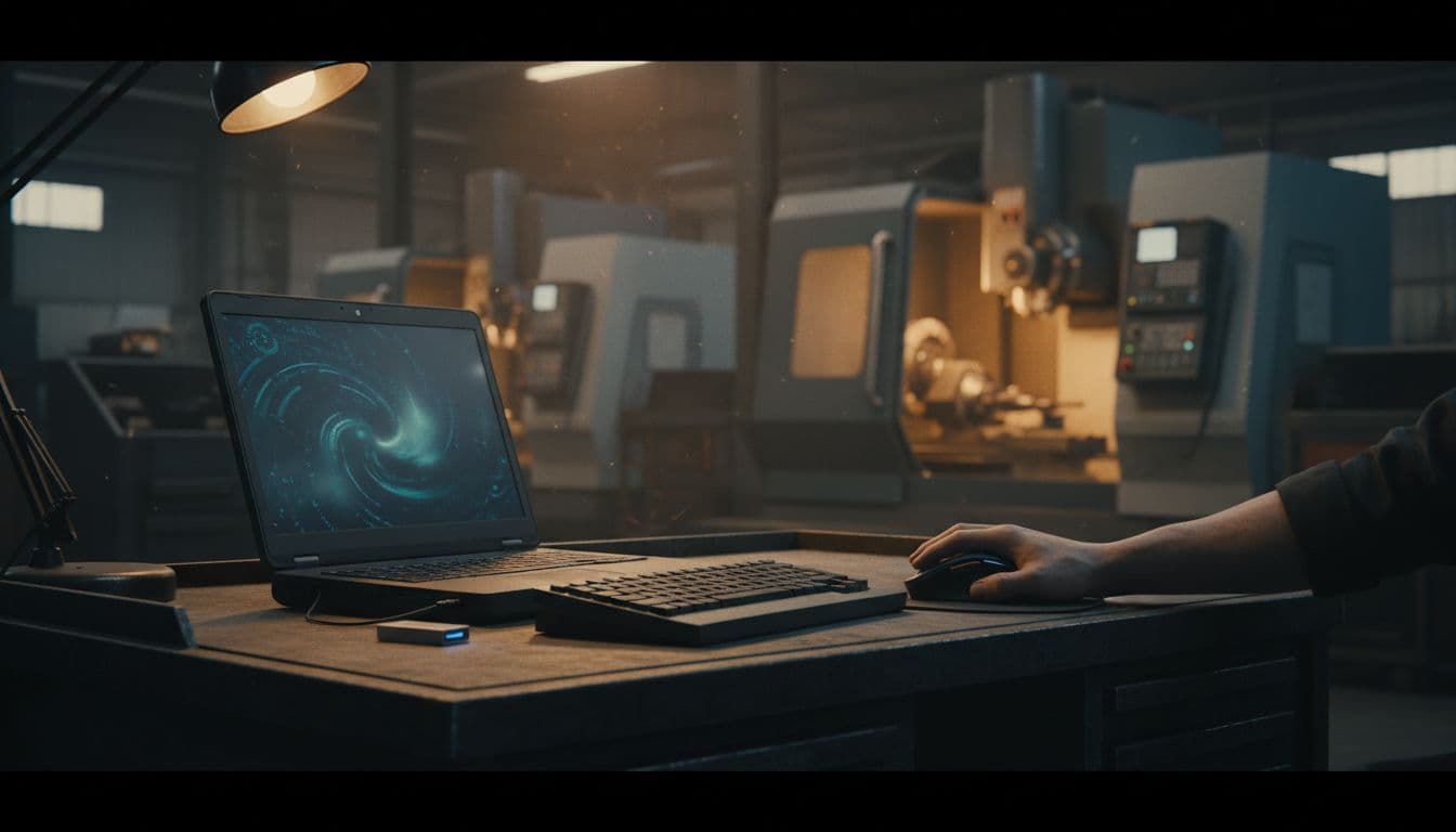 Engineering workstation on shop floor desk near CNC machines with laptop running quiet antivirus scan, approved USB drive beside keyboard, one relaxed hand on mouse, and softly lit running CNC mill in background.