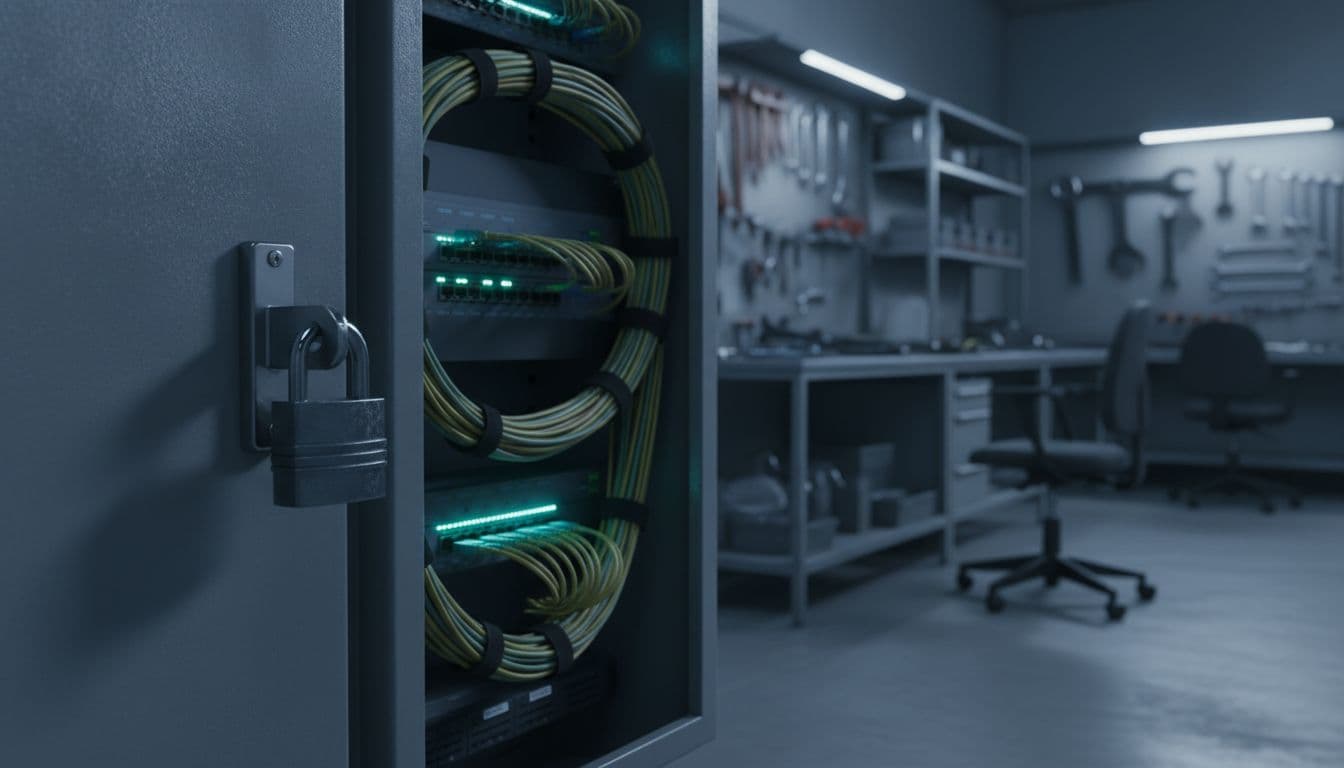 Secure industrial network panel beside a PLC cabinet in a factory control room, with a padlock on the cabinet door and organized Ethernet cables connected to a managed switch, subtle glow from status LEDs in an empty room.