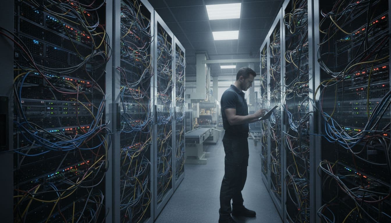 Modern server room with tangled network cables and blinking error lights on servers, featuring a faint background overlay of a stopped factory shop floor production line. Dramatic cinematic lighting with high contrast emphasizes IT connectivity failure, with one technician checking a panel.