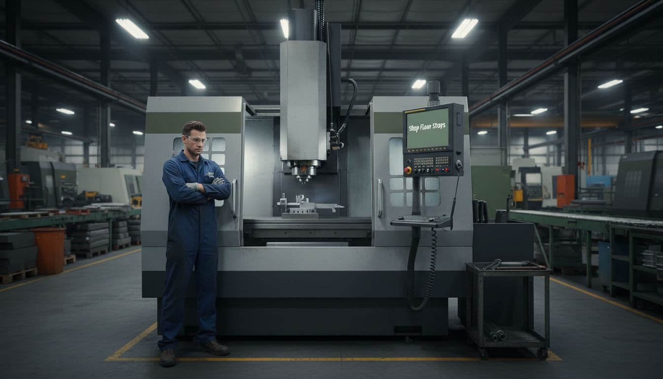 A stopped CNC machine on a busy manufacturing shop floor during a shift, with a frustrated operator standing nearby arms crossed, under overhead fluorescent lighting, illustrating IT downtime and production disruption.