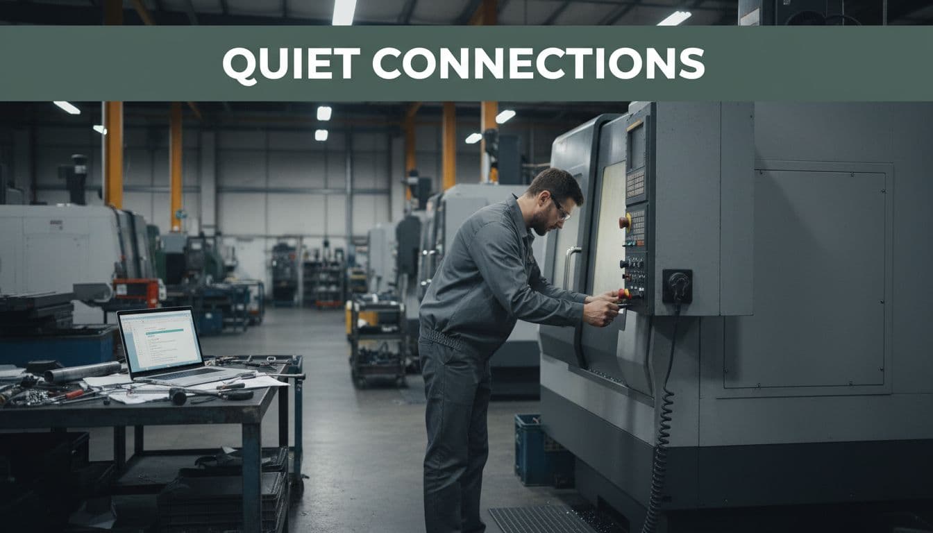 Technician inserting USB drive into CNC machine on busy industrial shop floor with nearby laptop showing file transfer screen. Vendor and programmer laptops or USBs are the main reason for the Air Gap Myth.