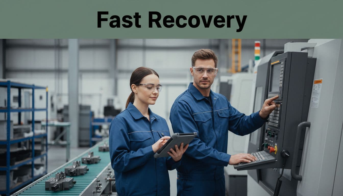Two manufacturing workers quickly recover from a line stop, one checking a tablet while the other reboots the control panel on a smoothly restarting CNC machine line in a bright active shop floor with blurred conveyor background.