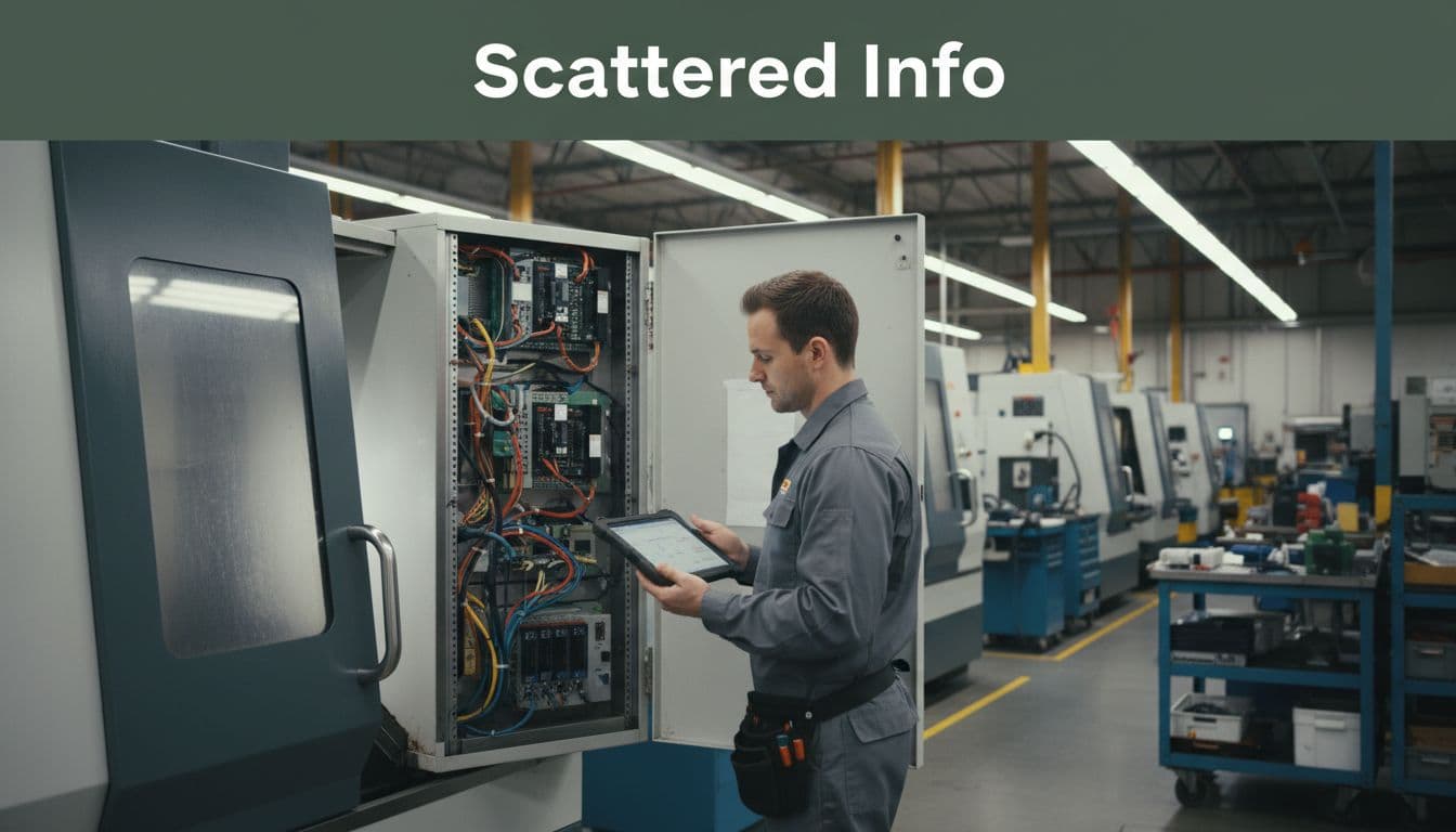 Maintenance technician on shop floor stands at open CNC machine cabinet, checking blurred tablet for details amid cables and drives, with 'Scattered Info' headline in bold dark-green band at top.