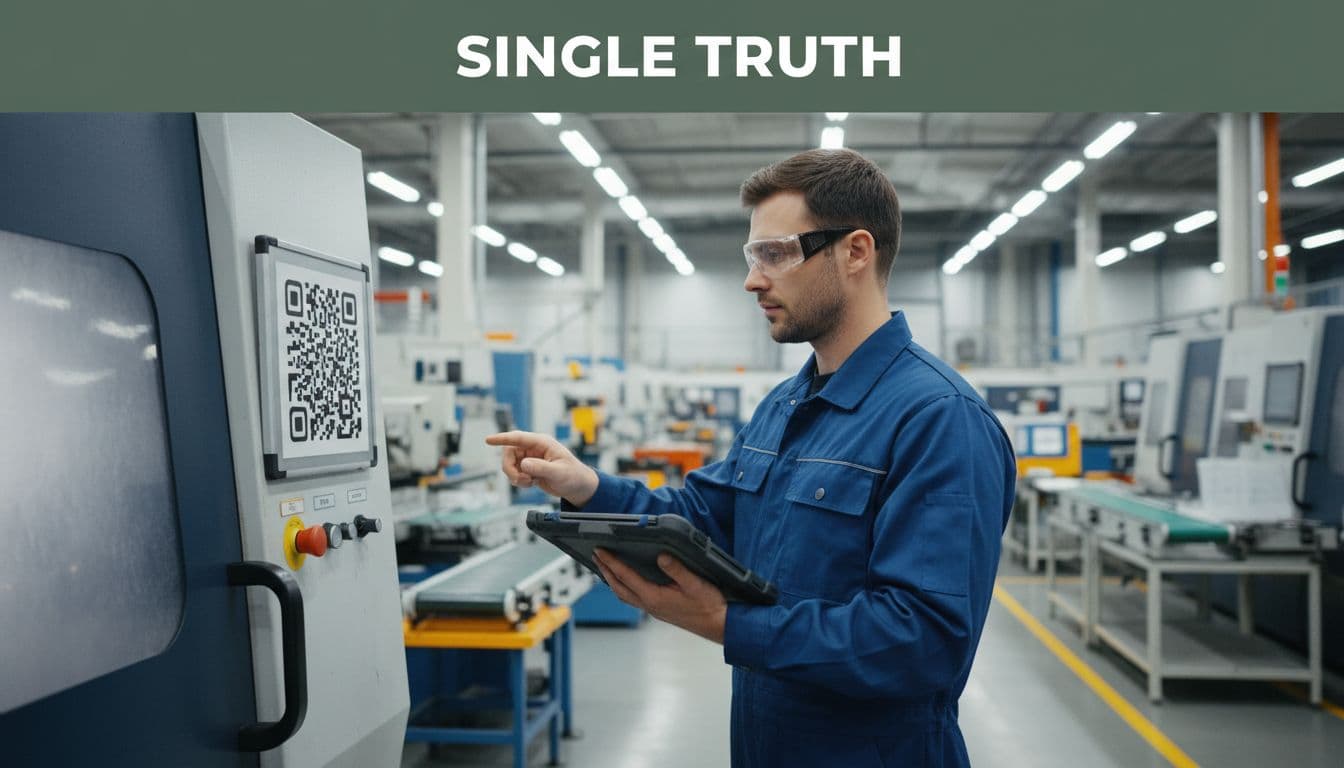 A technician at a manufacturing machine uses a rugged tablet to scan a QR code on the machine panel for quick asset record access, with smooth shop floor operations in the background and a 'Single Truth' headline at the top.