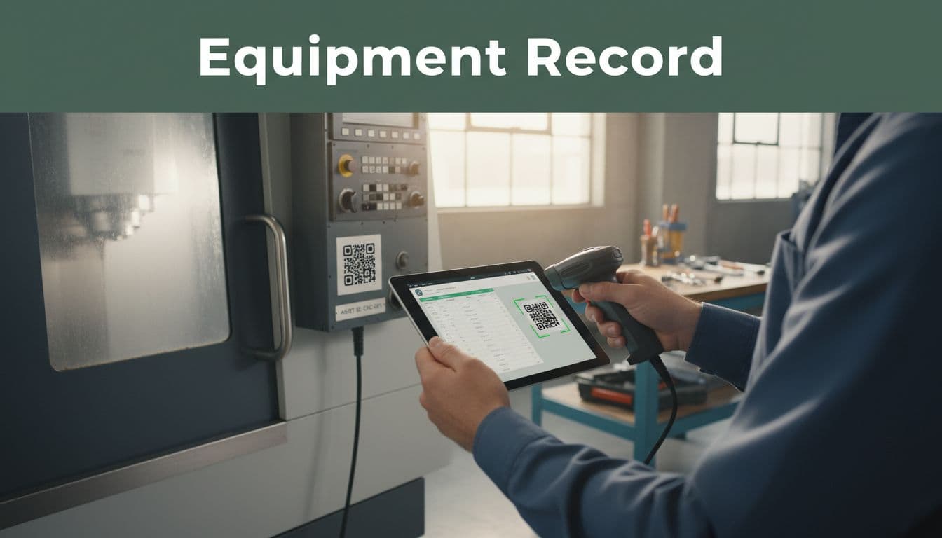 Manufacturing technician holds tablet to scan QR code on CNC machine label, accessing inventory details on organized shop floor workbench.
