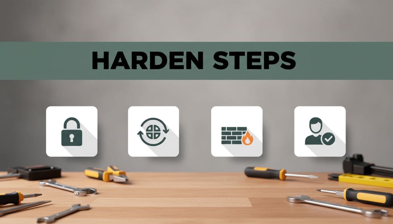 Step-by-step hardening process diagram with icons for lock, patch update, firewall setup, and access control on a workbench, topped with bold 'Harden Steps' headline in muted dark-green band.