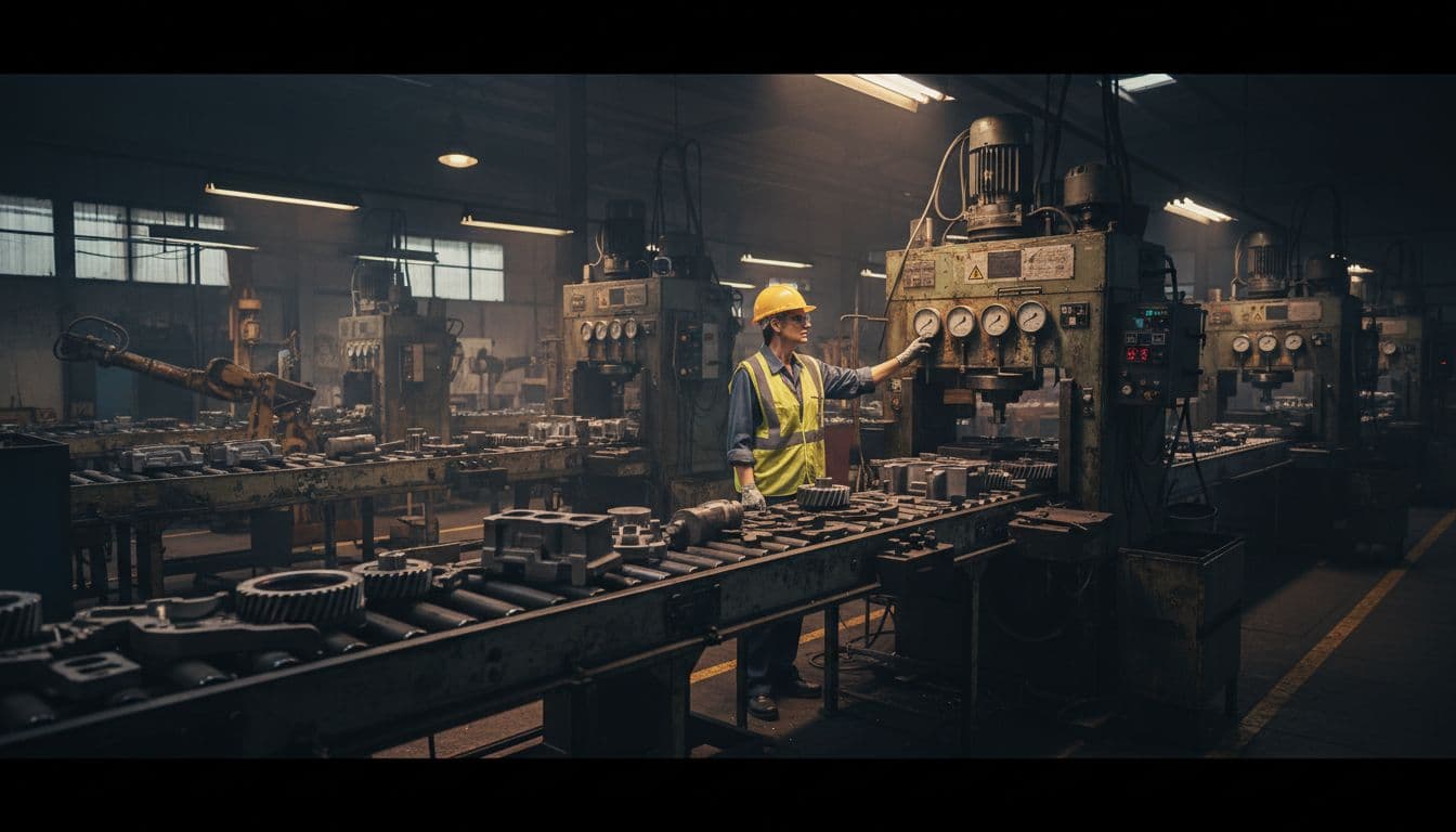 Dynamic production line with aging equipment processing metal parts and a supervisor in safety gear checking gauges amid dust and wear, showing evolving plant conditions.
