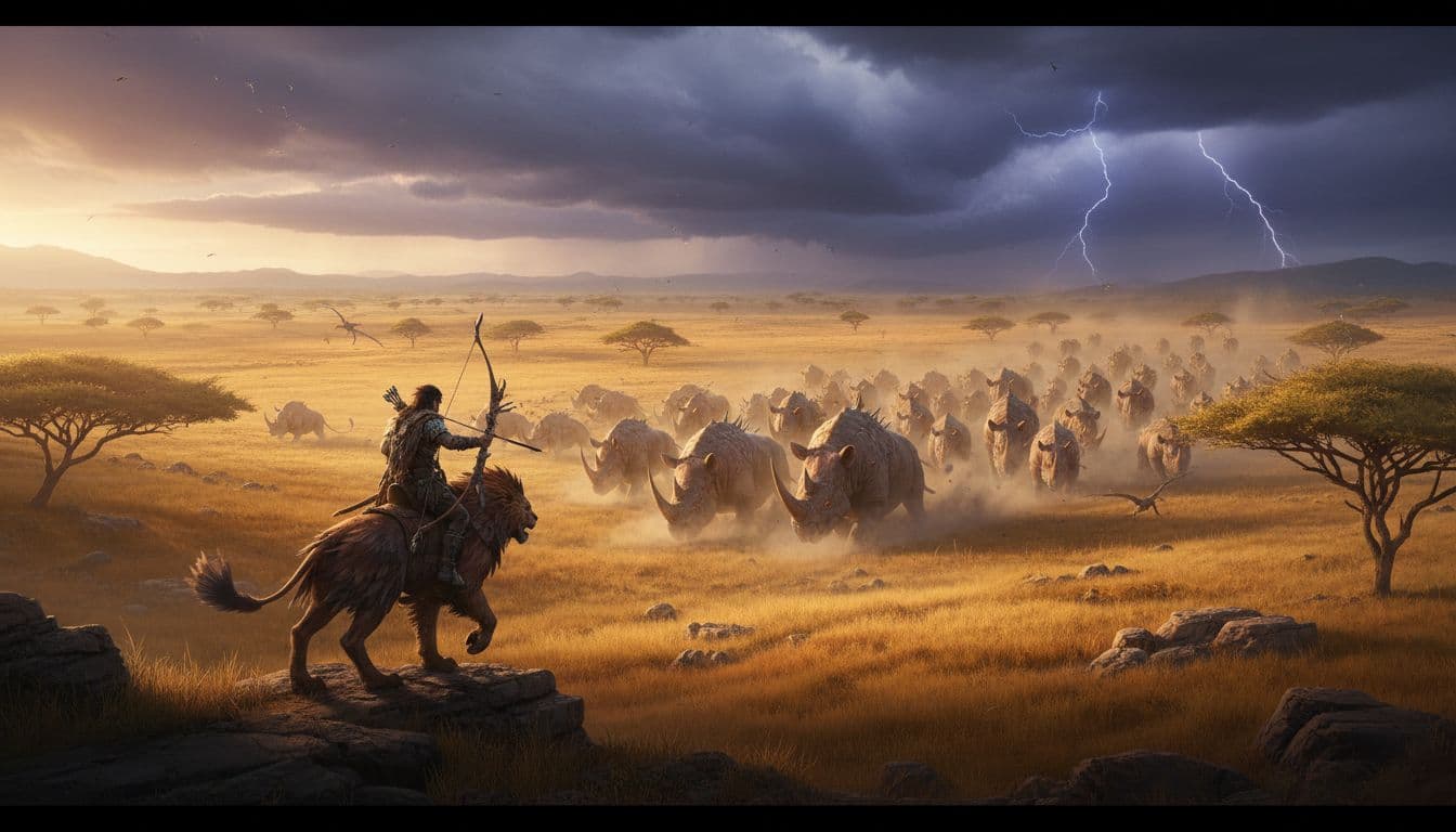 Cinematic wide shot of a vast dynamic savanna with seasonal storms approaching, massive herd monsters roaming, and a lone hunter on a rideable beast scouting from a ridge. Golden hour lighting shifts to dramatic clouds in realistic wildlife fantasy style.