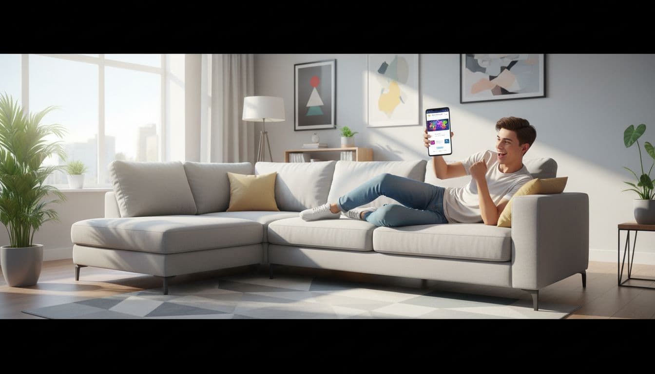 A young adult gamer sits on a couch in a bright living room, holding a smartphone with a browser game loading instantly on screen, showing an excited smile under natural window light in a vibrant wide landscape view.