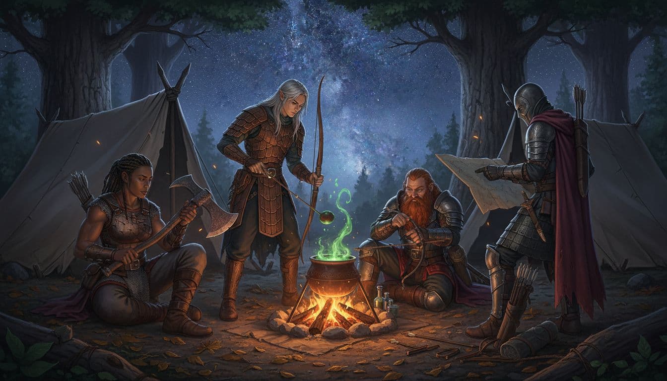 Group of four diverse hunters in various armors and weapons stand ready around a campfire in a night forest camp, preparing potions and sharpening blades before a hunt. Cozy warm firelight illuminates the scene under a starry sky with tents nearby.