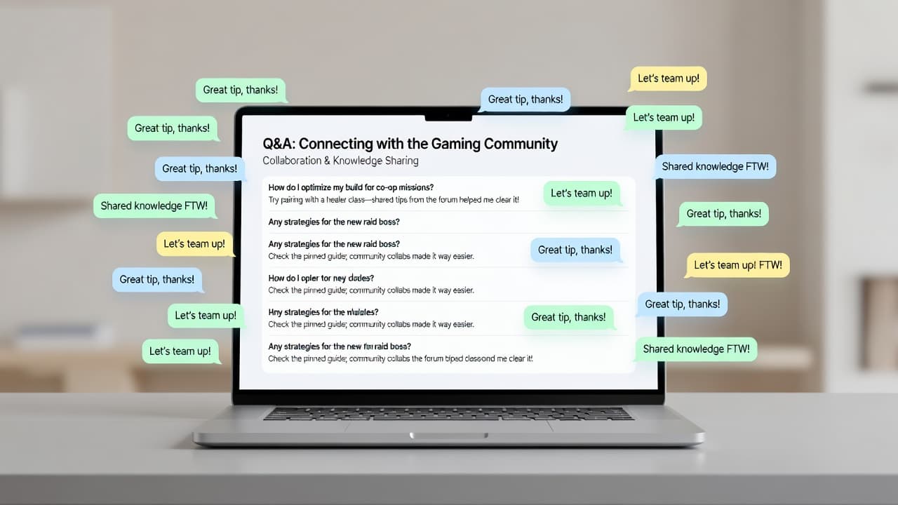 A sleek silver laptop rests on a clean white desk, displaying a vibrant Q&A dashboard. Multiple translucent speech bubbles float around the screen, illustrating active knowledge sharing and collaborative digital conversation.