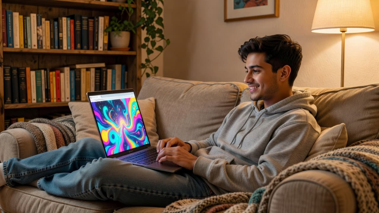 A person rests on a plush sofa, absorbed in an abstract game on their laptop. Warm, golden lighting fills the cozy living room, highlighting the relaxed and playful atmosphere at home.