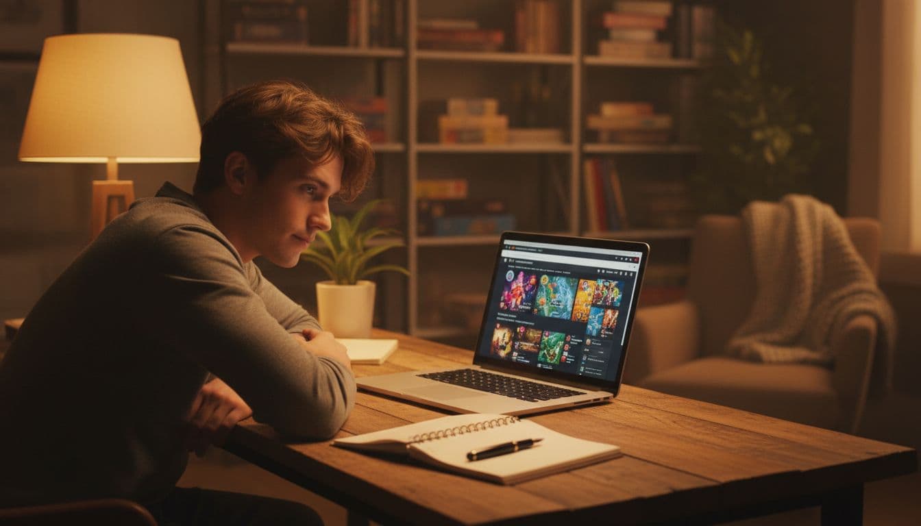 A single relaxed gamer leans over a wooden desk in a cozy home office, with a laptop open to a game guide page at a slight angle, hand near notepad, under warm lamp light highlighting the screen glow.