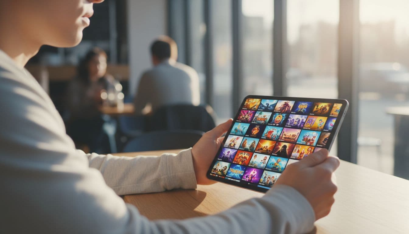 A single thoughtful gamer holds a tablet displaying a grid of game thumbnails in a sunny cafe, fingers hovering indecisively amid blurred patrons and soft natural light.