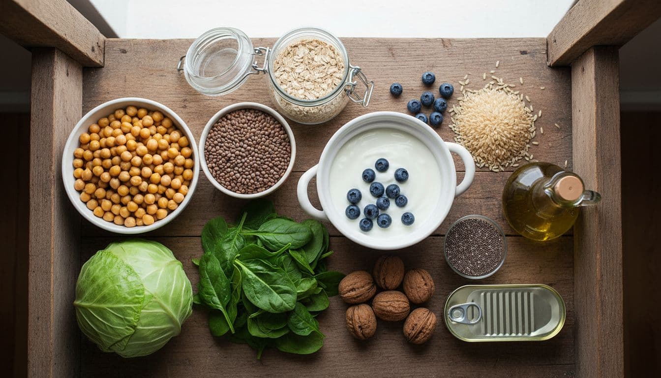Top-down realistic food photography of a wooden kitchen shelf neatly arranged with exactly 12 anti-inflammatory staples: chickpeas, lentils, oats, brown rice, yogurt, blueberries, walnuts, chia seeds, cabbage, spinach, sardines, and olive oil, in bright natural daylight.