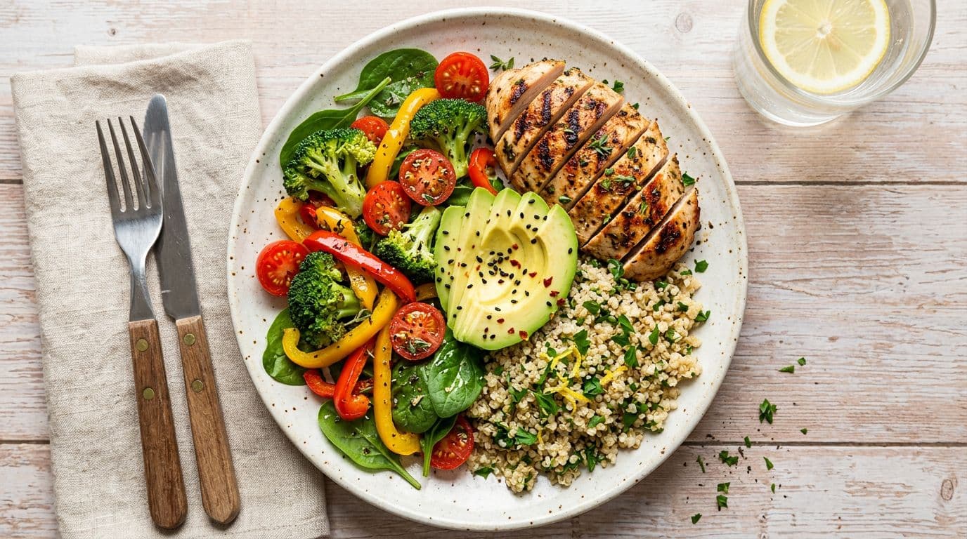 Overhead view of a balanced plate with macronutrients: half colorful vegetables like broccoli and tomatoes, quarter grilled chicken for protein, quarter quinoa for carbs, and avocado slice for fats. Natural daylight lighting in appetizing food photography style with high detail.