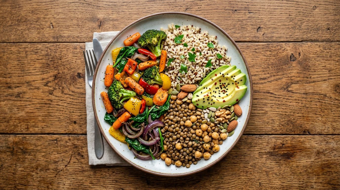 A vibrant top-down view of a balanced vegetarian plate divided into sections with colorful mixed vegetables, lentils, chickpeas, quinoa, brown rice, nuts, seeds, and avocado slices on a wooden table.