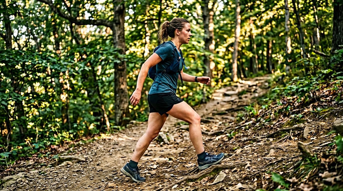 Adult of average build walking briskly uphill on a park trail with light sweat showing effort, side profile capturing long strides and terrain, realistic photo in warm afternoon sunlight through trees.