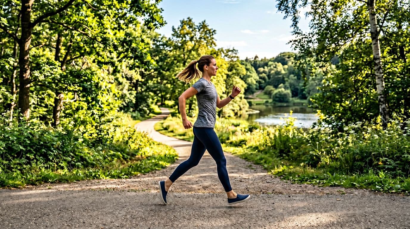 A single person in casual sportswear walks briskly along a scenic park path in dynamic side view, under sunny natural outdoor lighting in realistic photography style.