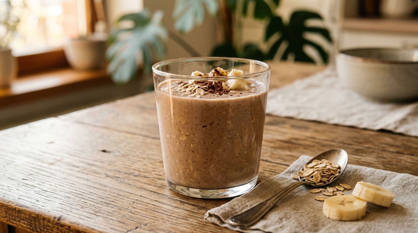 Close-up of a transparent glass filled with light brown creamy smoothie made from frozen banana, bitter cacao, oats, and kefir, with banana pieces and oats spoon beside it on a breakfast table in morning light.