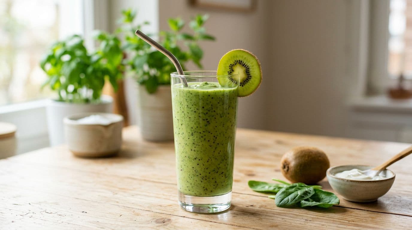 Tall transparent glass containing a creamy green smoothie made with fresh spinach, ripe kiwi, and Greek yogurt, garnished with a kiwi slice on the rim, on a light wooden table in a bright kitchen with soft natural lighting and blurred background.